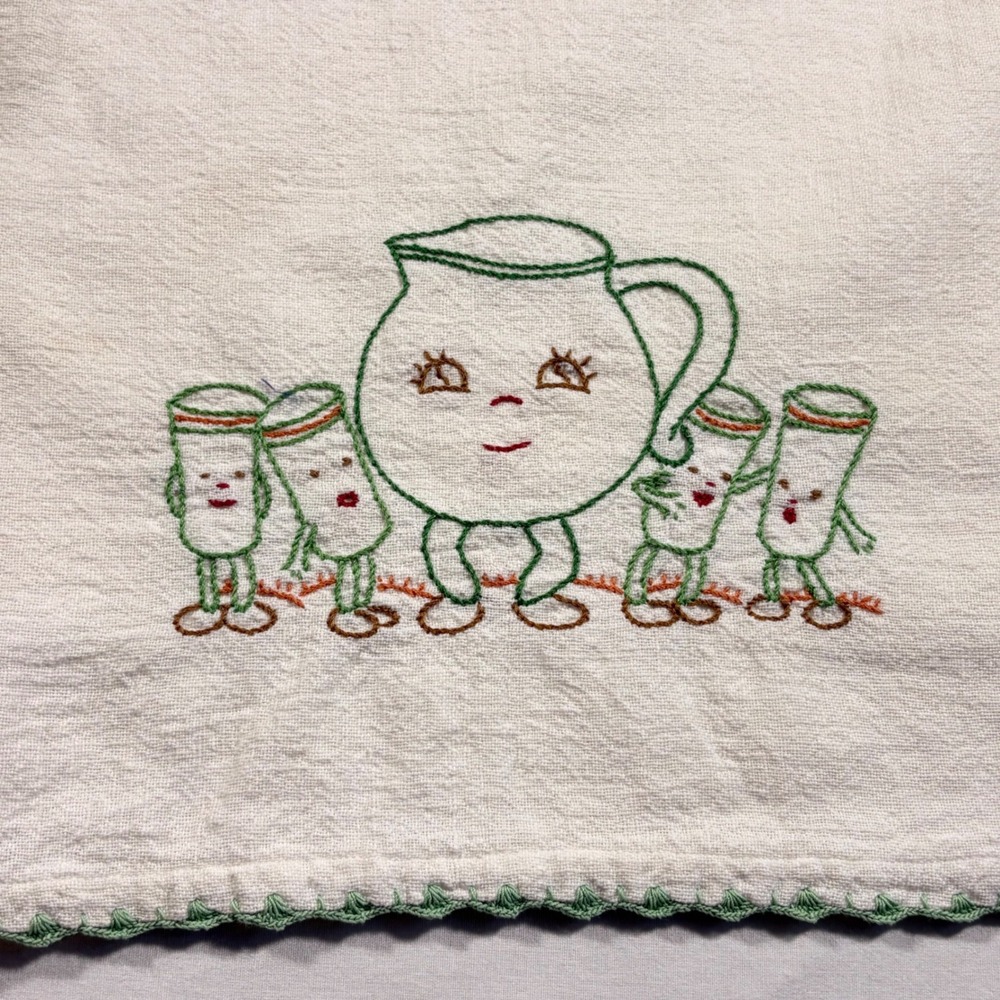 Vintage Tea Towel Hand Embroidered Anthropomorphic Pitcher and Glasses MCM